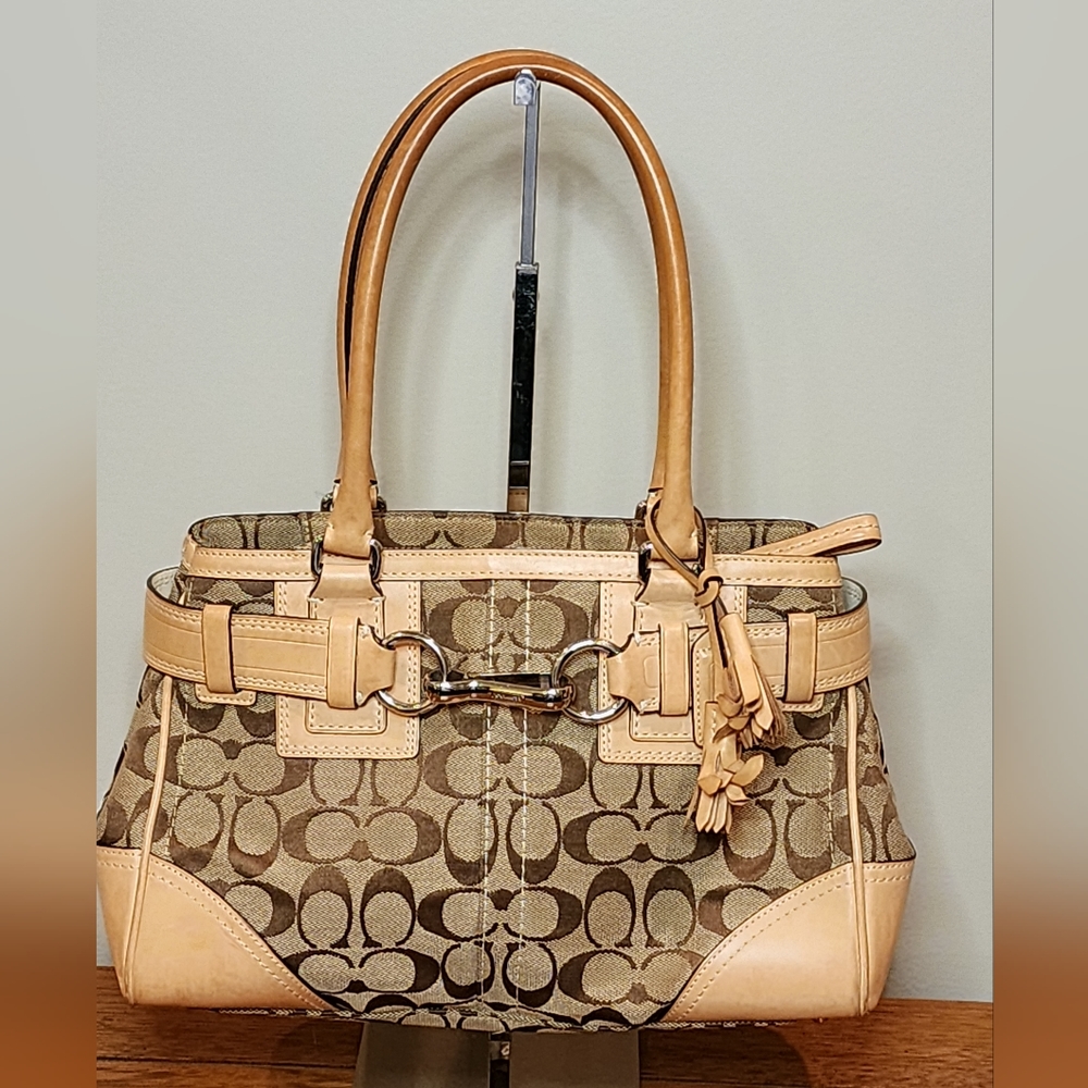 Coach Signature Hampton Canvas & Tan Leather Carryall Shoulder Bag Purse